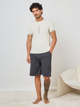 Styli - Cream Cotton Blend Typography T-Shirt with Shorts