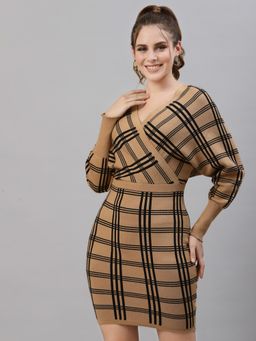 Mafadeny - Women Checks Long Sleeves V-Neck Viscose Khaki Knee length Winter Dress