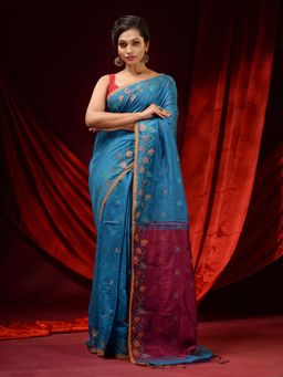 CHARUKRITI - Cerulean Blue Blended Cotton Woven Buttas & Foliage Borders Saree with Unstitched Blouse