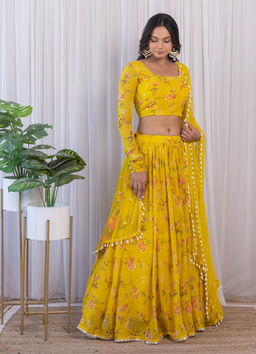 Label Kanupriya - Mustard Floral Mirrorwork Lehenga