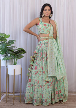 Label Kanupriya - Sage Green Handwork Floral Georgette Lehenga With Belt