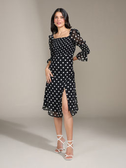 Twenty Dresses by Nykaa Fashion - Black Polka Dots Square Neck Midi Dress