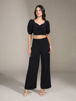 Twenty Dresses by Nykaa Fashion - Black Solid Crop Top Straight Fit Pants Set of 2