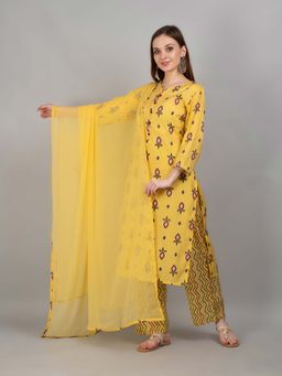Shree - Women Modal Chanderi Yellow Printed Kurta Comfort Pant Dupatta (Set Of 3)