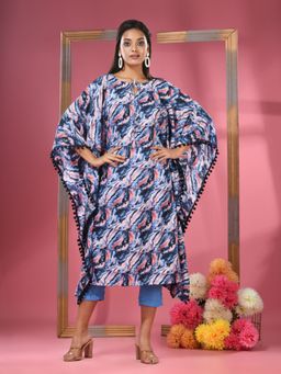 CHARUKRITI - Blue Printed Dola Silk Kaftan Kurta
