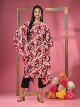 CHARUKRITI - Red Printed Dola Silk Kaftan Kurta