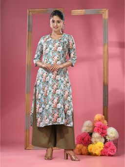 CHARUKRITI - Sky Blue Crepe Floral Printed Angrakha Kurta