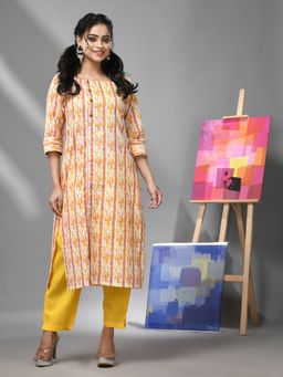 CHARUKRITI - White and Yellow Cotton Printed Kurta