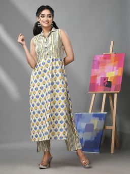 CHARUKRITI - White and Yellow Floral Print and Stripes Cotton Kurta