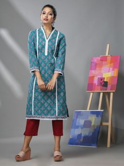 CHARUKRITI - Sea Blue Cotton Floral Printed Kurta With Lace