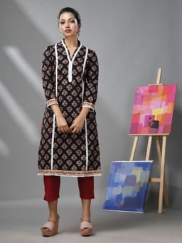 CHARUKRITI - Black Cotton Floral Printed Kurta With Lace