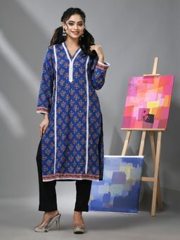 CHARUKRITI - Navy Blue Cotton Floral Printed Kurta With Lace
