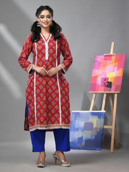 CHARUKRITI - Red Cotton Floral Printed Kurta With Lace