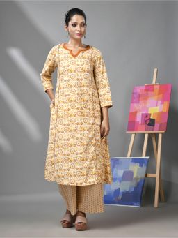 CHARUKRITI - White and Mustard Yellow Ethnic Prints Cotton Kurta