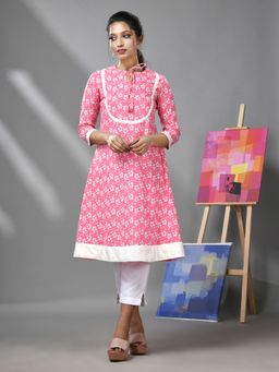 CHARUKRITI - Pink and White Cotton Floral Printed Kurta