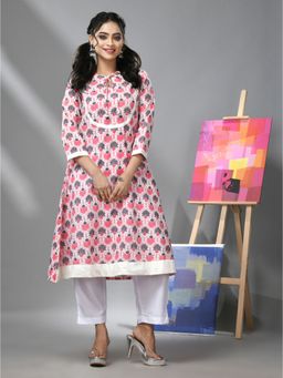 CHARUKRITI - Pink and White Cotton Floral Printed Kurta