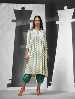 CHARUKRITI - Sea Green and Off White Cotton Printed Motifs Kurta