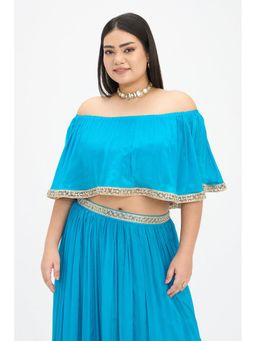 Virgio - Solid Viscose Off-Shoulder Blue Crop Top
