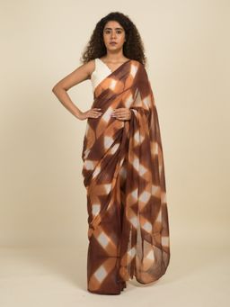 Suta - Brown and White Handcrafted Shibori Pure Cotton Saree