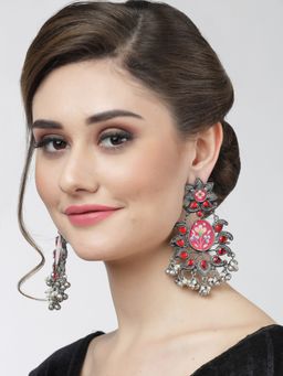 Moedbuille - Crystals Studded Meenakari Work Oxidised Silver Plated Handcrafted Tasselled Earrings