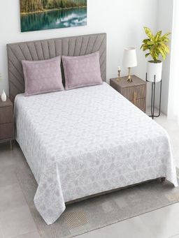 Threadwear - Floral 400TC Cotton White Flat Bedsheet With 2 Pillow Covers