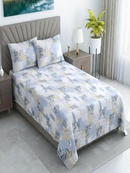 Threadwear - Floral 400TC Cotton Blue Flat Bedsheet With 2 Pillow Covers (Single)