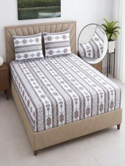 Threadwear - Ethnic 400TC Cotton Brown Fitted Bedsheet With 2 Pillow Covers