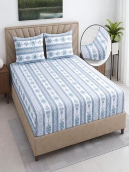 Threadwear - Ethnic 400TC Cotton Blue Fitted Bedsheet With 2 Pillow Covers