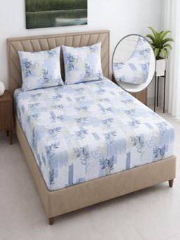 Threadwear - Floral 400TC Cotton Blue Fitted Bedsheet With 2 Pillow Covers