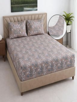 Threadwear - Floral 400TC Cotton Taupe Fitted Bedsheet With 2 Pillow Covers