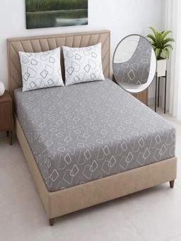 Threadwear - Geometric 400TC Cotton Grey Fitted Bedsheet With 2 Pillow Covers