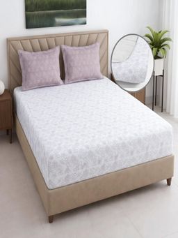 Threadwear - Floral 400TC Cotton White Fitted Bedsheet With 2 Pillow Covers