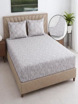 Threadwear - Floral 400TC Cotton Beige Fitted Bedsheet With 2 Pillow Covers (Super King)