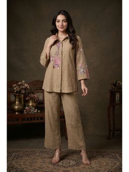 WOOMN - Women's Beige Cotton Blend Embroidered Shirt and Pant