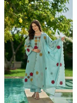 WOOMN - Women's Blue Cotton Silk Embroidered Kurta with Pant & Dupatta