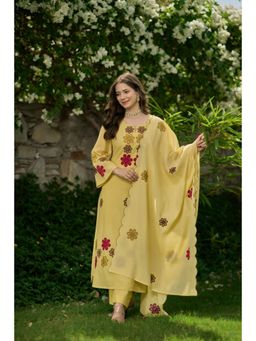WOOMN - Women's Yellow Cotton Silk Embroidered Kurta with Pant & Dupatta
