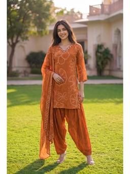 WOOMN - Women's Orange Muslin Printed Kurta with Salwar & Dupatta