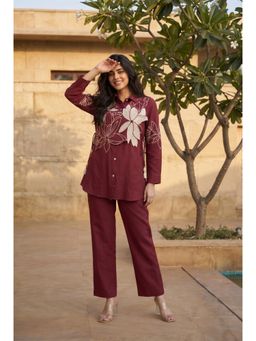 WOOMN - Women's Red Cotton Slub Solid Jacket with Shirt & Pant