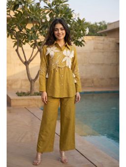 WOOMN - Women's Yellow Cotton Slub Solid Jacket with Shirt & Pant