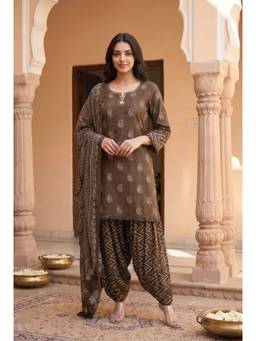 WOOMN - Women's Brown Cotton Paisley Kurta with Salwar & Dupatta