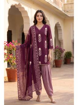 WOOMN - Women's Purple Cotton Floral Kurta with Salwar & Dupatta