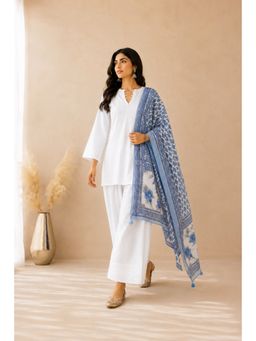 DEASHA INDIA - Women's White Cotton Solid Kurti with Farshi Pant & Dupatta