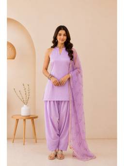 DEASHA INDIA - Women's Lavender Silk Solid Kurti with Farshi Pant & Dupatta
