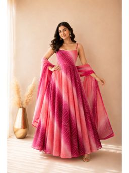 DEASHA INDIA - Women's Pink Chiffon Printed Anarkali with Pant & Dupatta