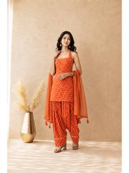 DEASHA INDIA - Women's Orange Cotton Solid Kurti with Farshi Pant & Dupatta