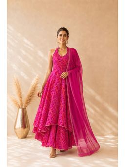 DEASHA INDIA - Women's Pink Chiffon Printed Anarkali with Pant & Dupatta