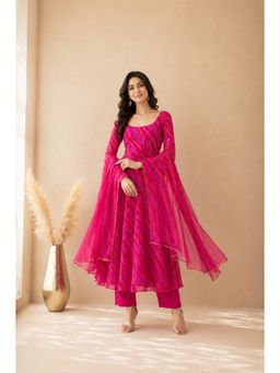 DEASHA INDIA - Women's Pink Chiffon Printed Anarkali with Pant & Dupatta