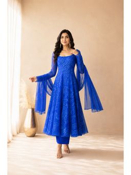 DEASHA INDIA - Women's Blue Chiffon Printed Anarkali with Pant & Dupatta