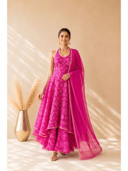 DEASHA INDIA - Women's Pink Chiffon Printed Anarkali with Pant & Dupatta