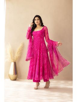 DEASHA INDIA - Women's Pink Chiffon Printed Anarkali with Pant & Dupatta